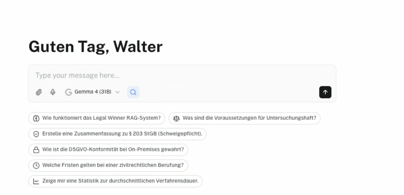 Startoberfläche des LegalWinner RAG mit Eingabefeld und juristischen Beispielprompts
