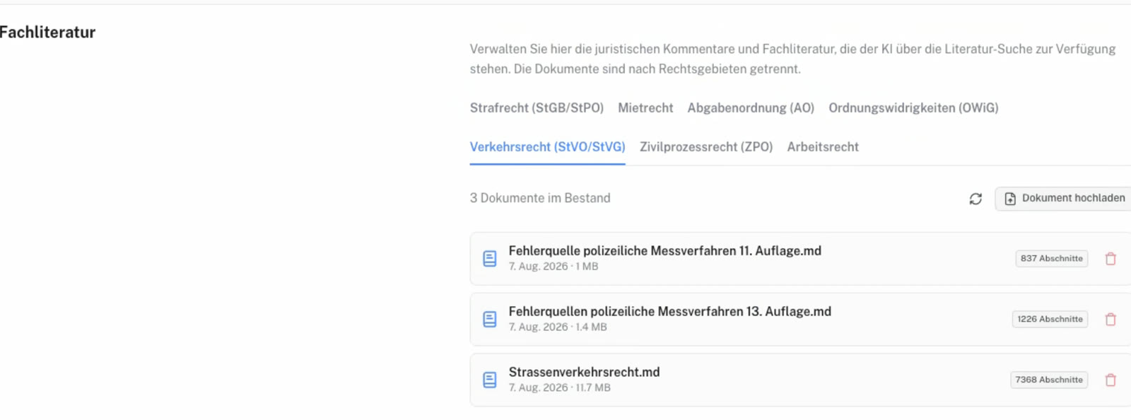 Fachliteratur-Ansicht mit Rechtsgebiets-Tabs und indexierten Dokumenten