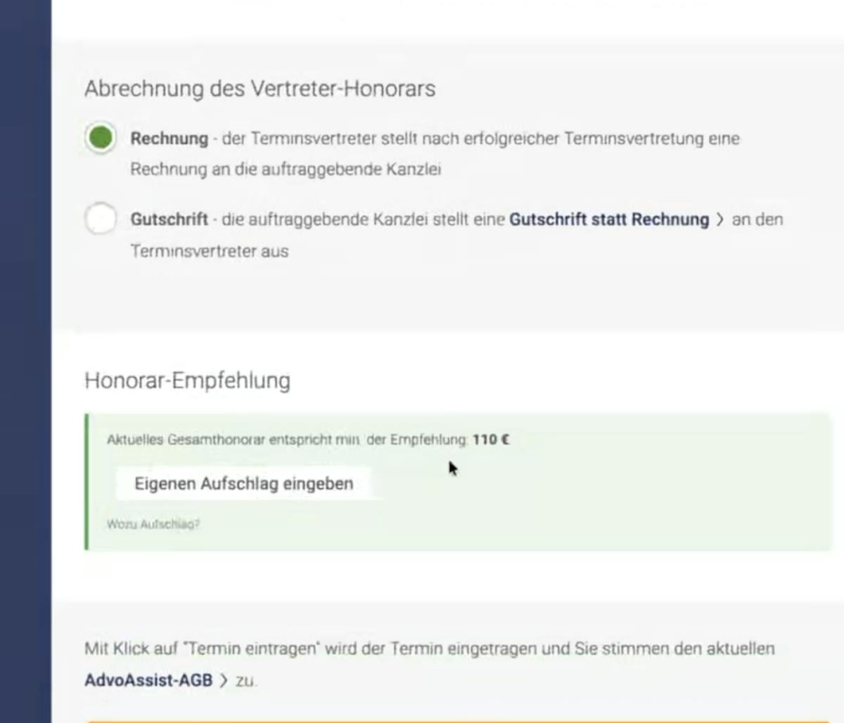 Formularbereich zur Abrechnung des Vertreterhonorars und zur Honorar-Empfehlung