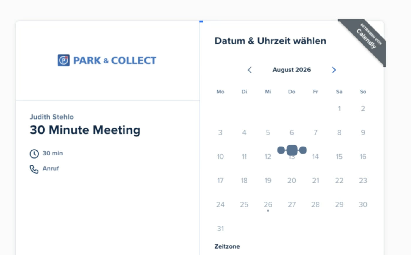 Terminbuchungsoberfläche mit 30-Minuten-Gespräch und Kalender